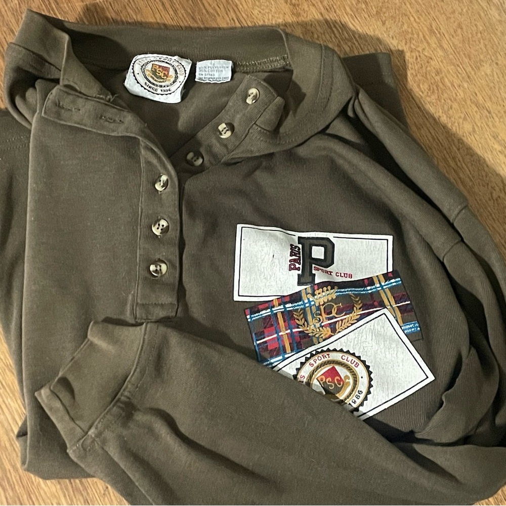 Vintage Paris Sport Club Olive Long Sleeve Henley Shirt Size Large